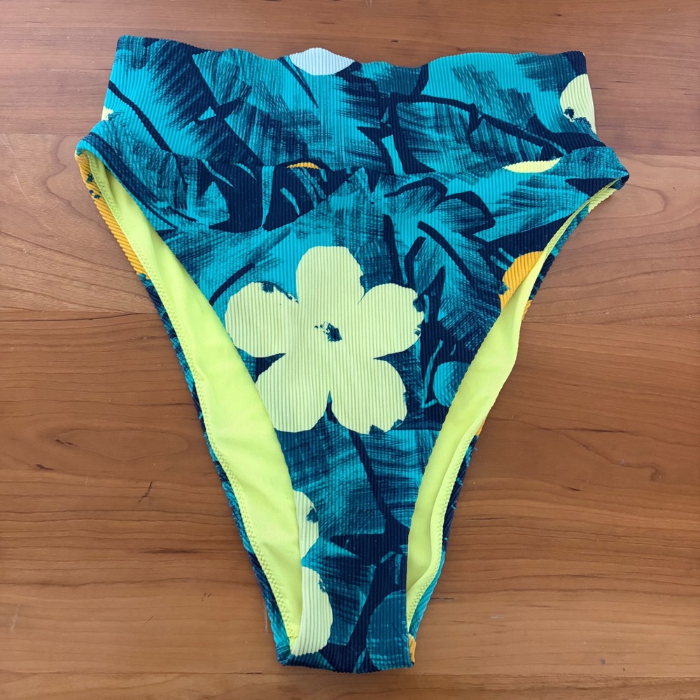 Aerie High Cut Cheeky Bikini Bottom Teal Tropical Floral Ribbed Small